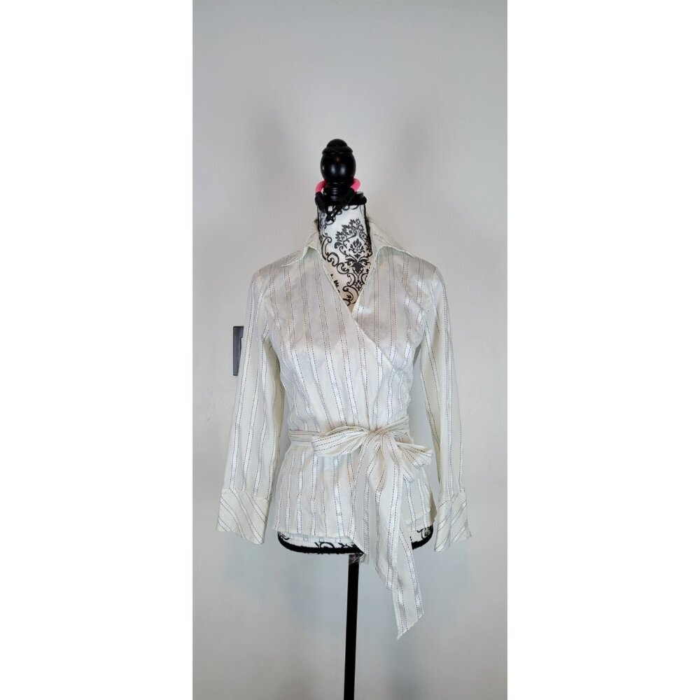 ANN TAYLOR LOFT TOP Top Womens SZ 8 Double-Breasted Button-Down Shirt Stripped W